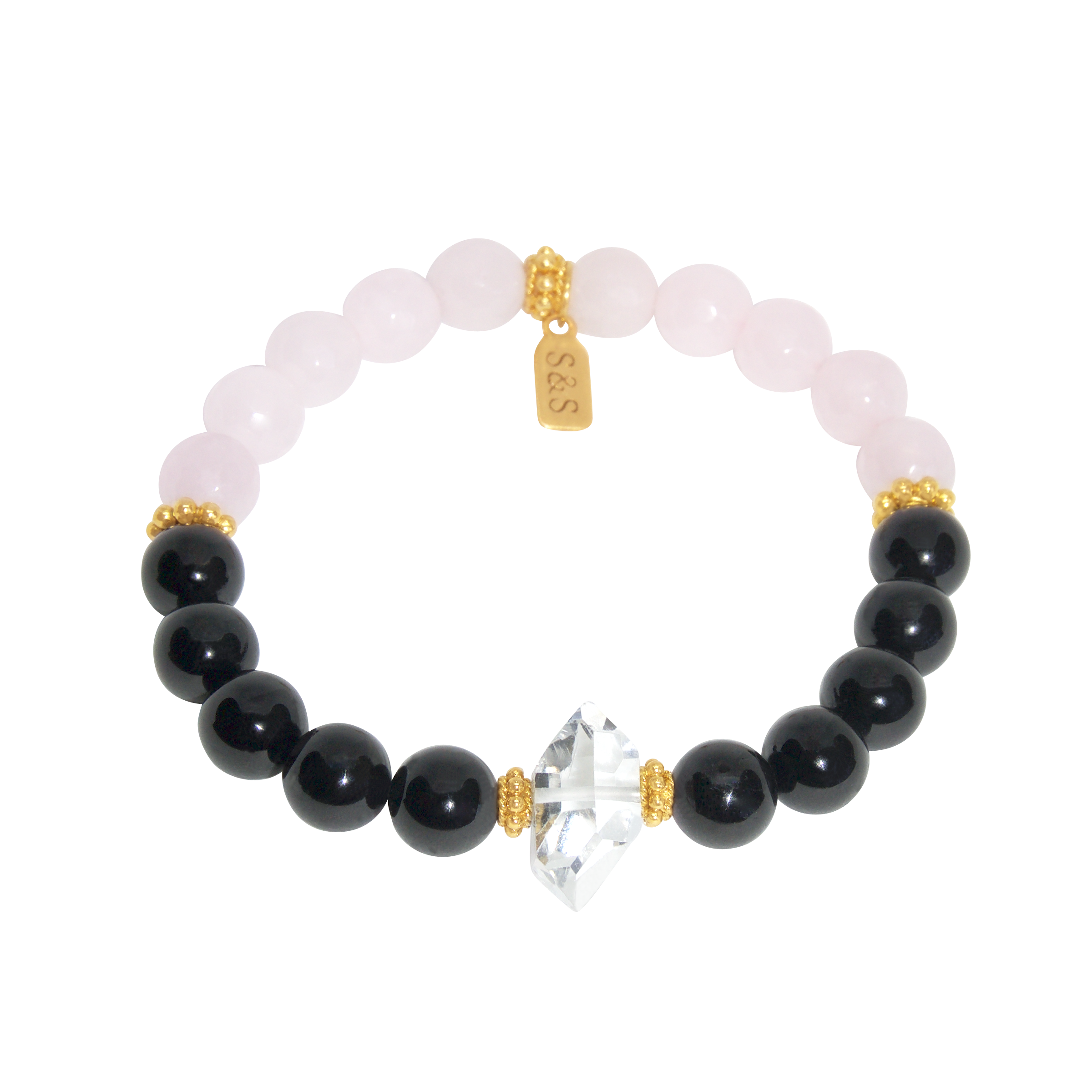 <img src="BLACK_HERK_ROSE.png" alt=“Rose Quartz Black Tourmaline Herkimer diamond crystal bracelet”>
